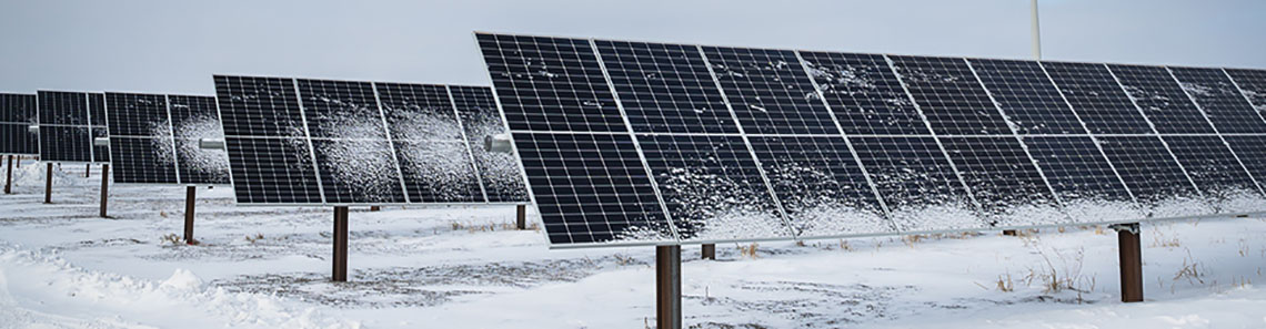 There are five solar panels lined up one after another outside at the Awasis Solar Facility.