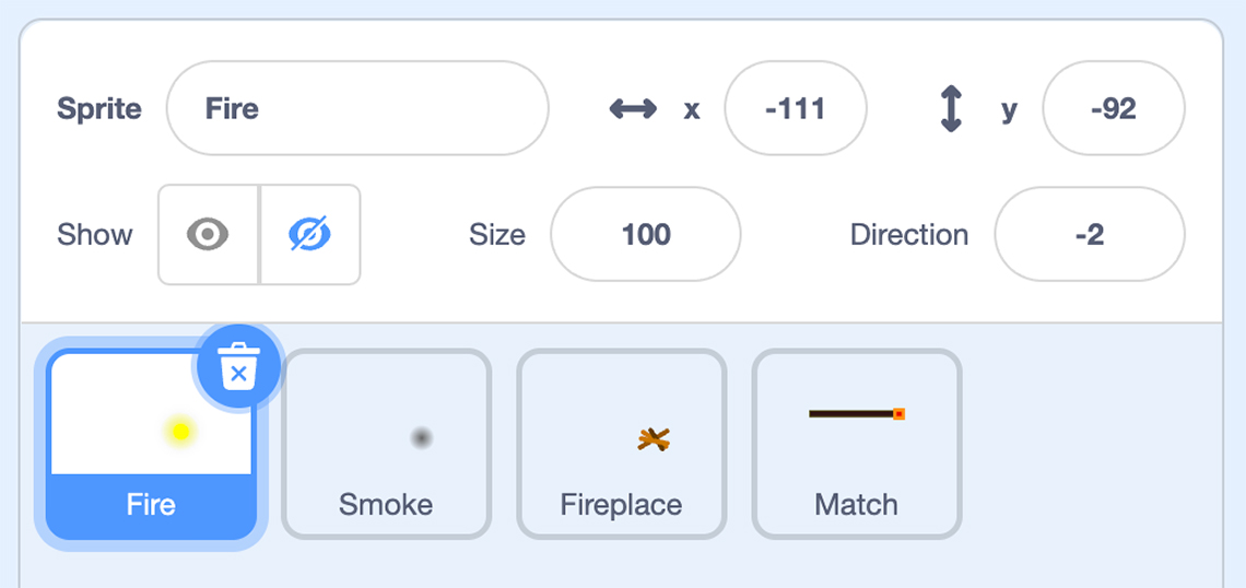 A portion of the Scratch interface with the fire sprite highlighted.