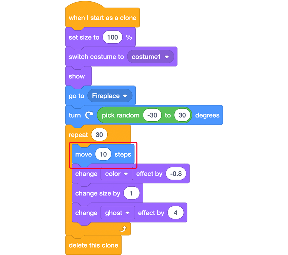 A script of block code in Scratch with the move 10 steps block highlighted.