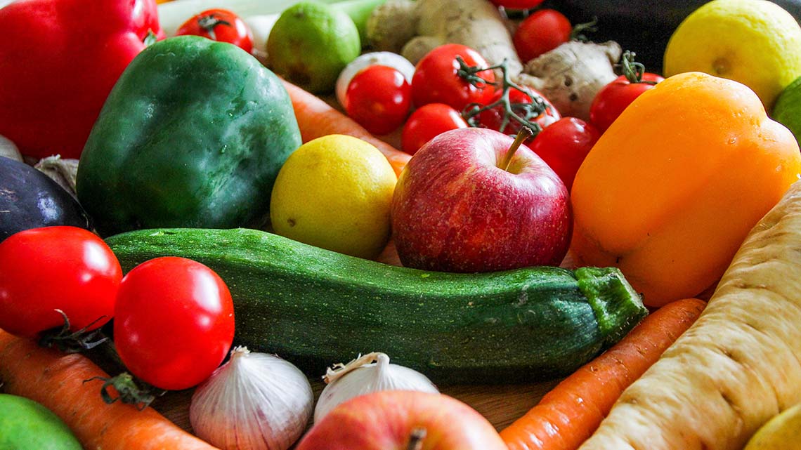 A variety of vegetables and fruits.