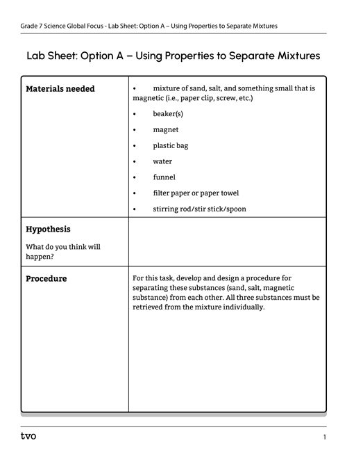 Lab Sheet: Option A – Using Properties to Separate Mixtures