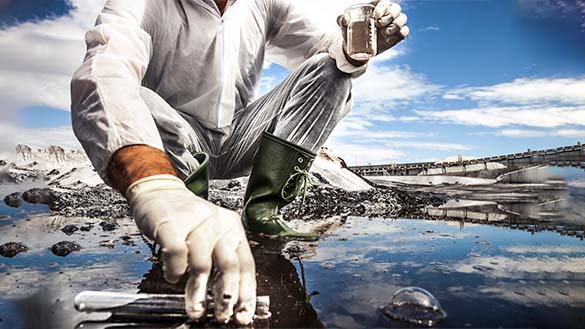 Person wearing boots, a protective suit, and gloves is squatting on a shoreline collecting a water sample with a test tube.