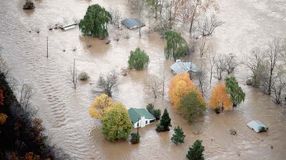 Several houses and trees are seen in the middle of a flooded area of land.