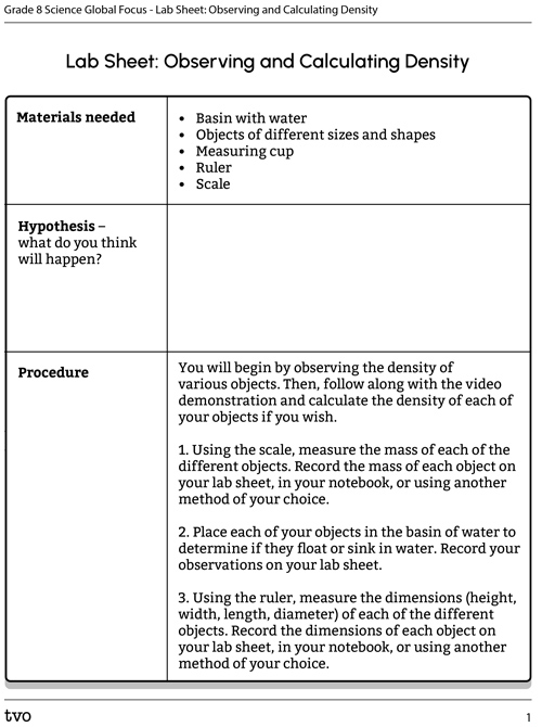 Lab sheet: Observing and Calculating Density