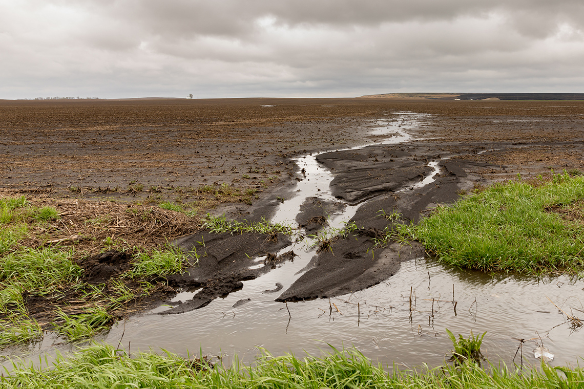 Muddy water from a farm field runs in channels into a nearby stream.