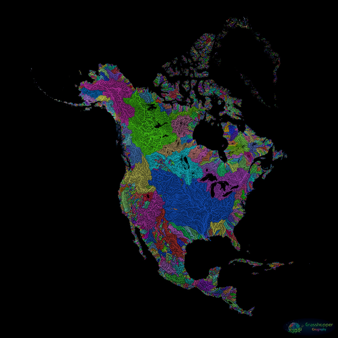 Satellite image of North American watersheds with the Mississippi watershed prominently in the centre