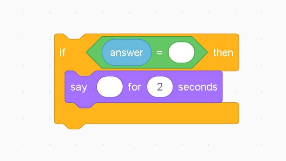The Scratch code is: If answer = then Say for 2 seconds.