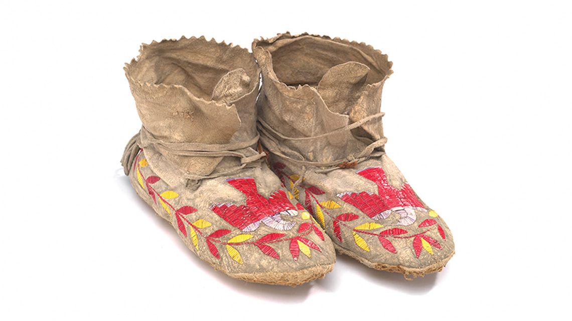 Moccasins made by the Blackfoot Nation in Alberta designed with intricate quillwork.