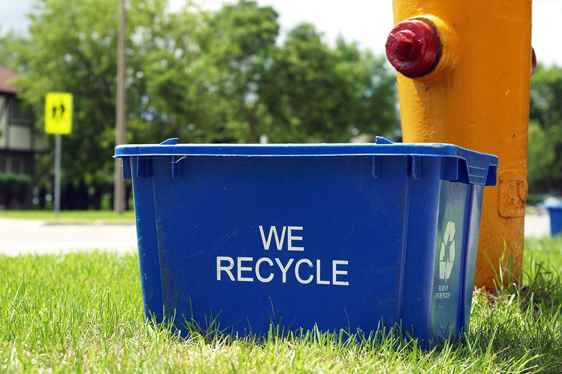 The blue box with the “We Recycle” slogan