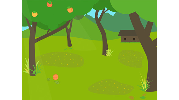 A summer background. There are trees with fruit growing from them.
