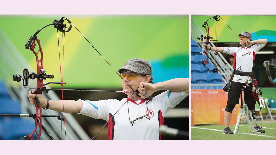 An athlete using a bow to pull back a string and then release it to shoot an arrow forward.