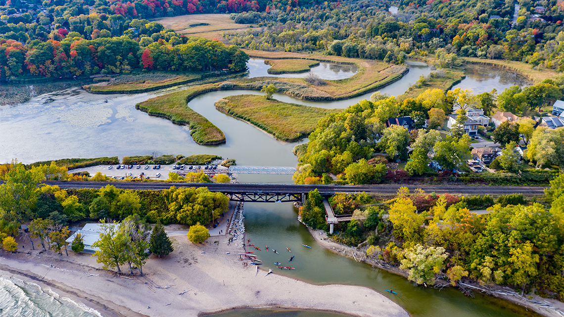 Aerial view of Rouge National Urban Park and Rouge River.