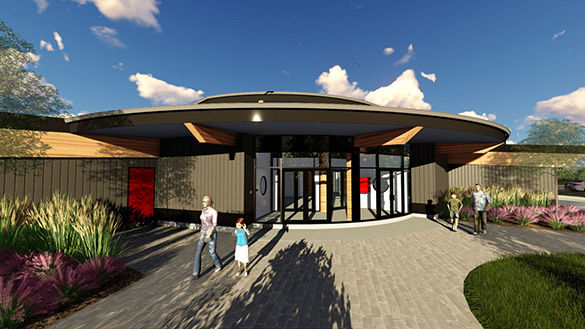 A digital 3D model of a low, round building.