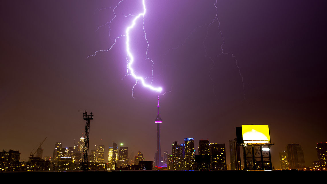 Lightning rod Lightning strikes the lightning rod at the top of Toronto’s CN Tower.