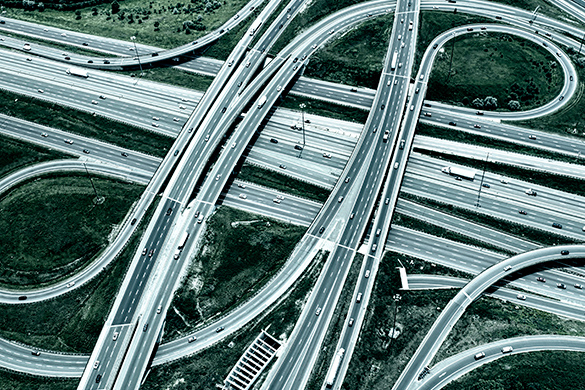 Highway Several overlapping roadways to allow traffic onto and off of major highways.