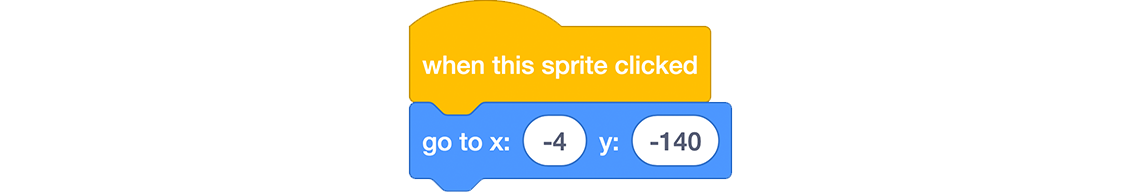 Blocks that say: When this sprite clicked, Go to x: -4 y: -140.