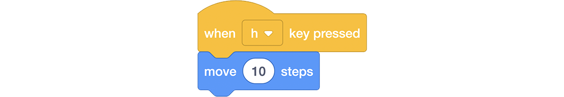 Blocks that say When h key is pressed, Move 10 steps.