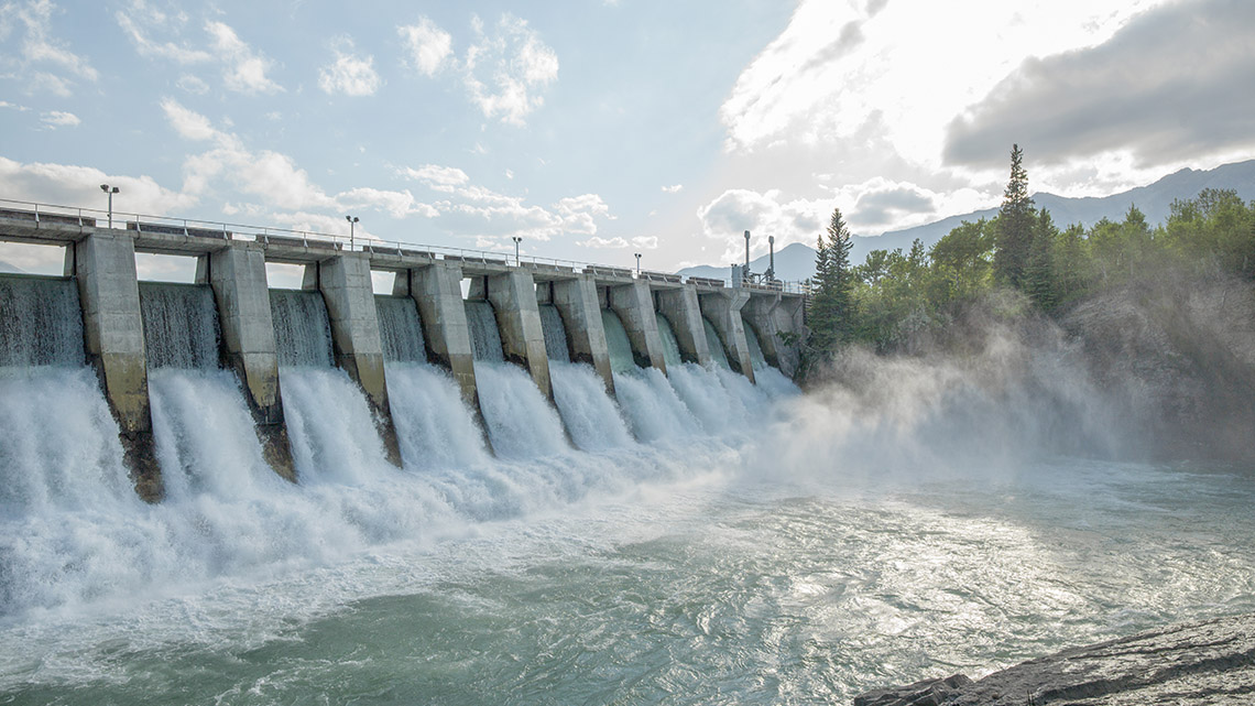 Huge amounts of water rushing through a concrete dam that spans across a river.