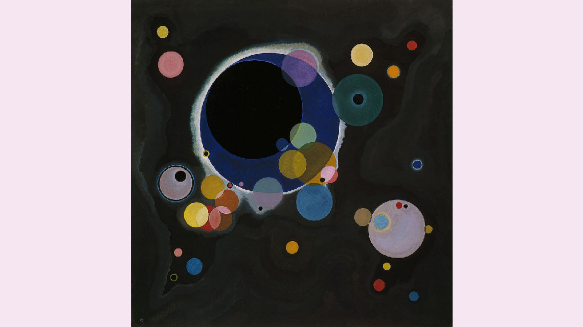 A painting titled Several Circles by artist Wassily Kandinsky. It is composed on a black background with various coloured circles.