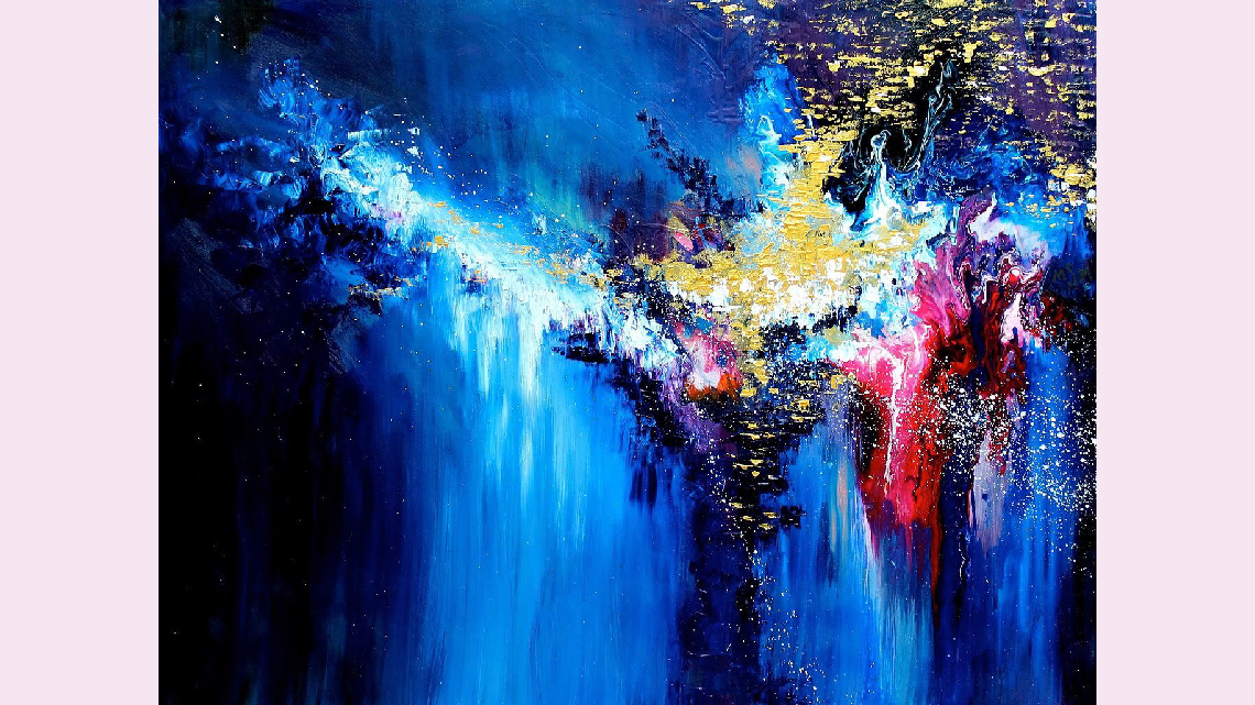 A painting created while listening to At Last by Etta James. It is mostly blue with splashes of red, yellow, and white.