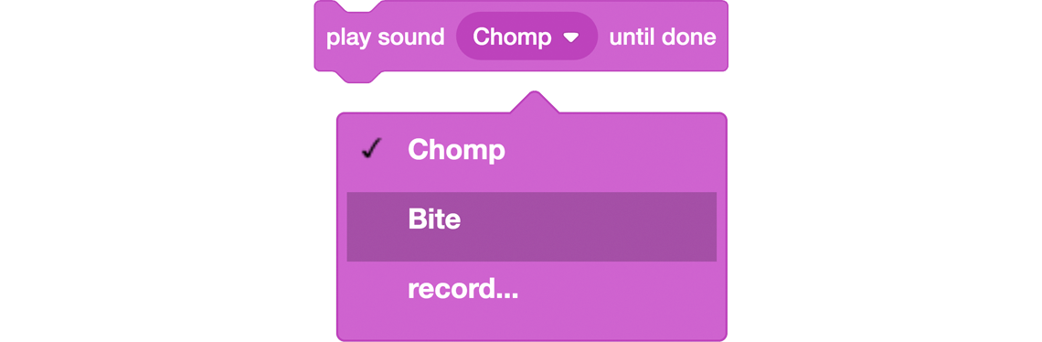 Dropdown menu with a list of sounds. The sound “Bite” is selected.