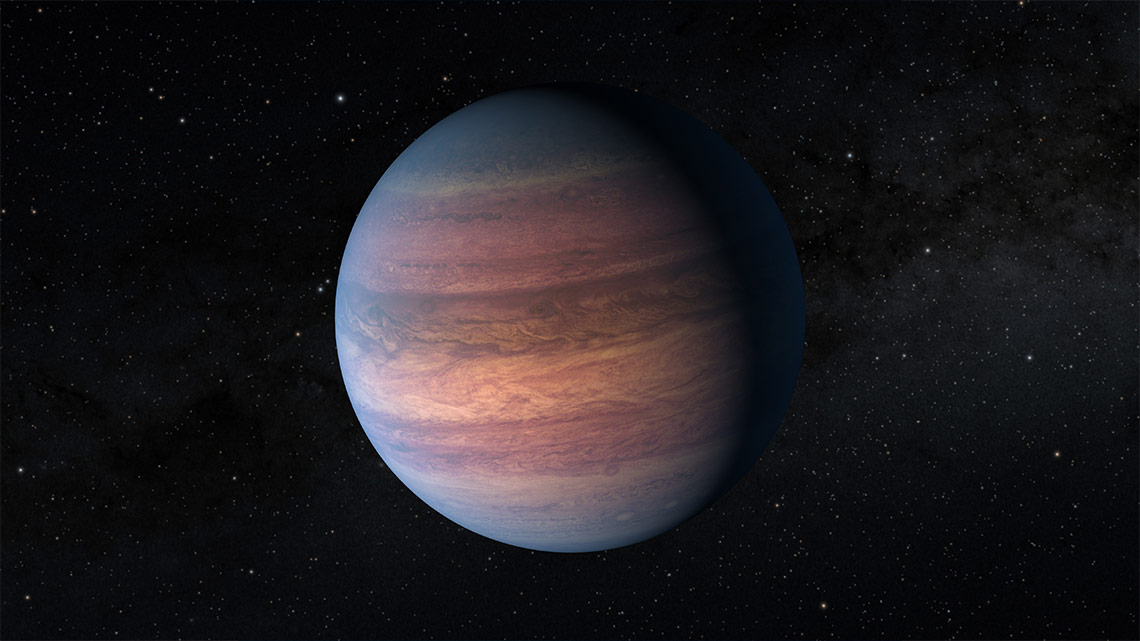 An exoplanet that is streaked red, brown, and orange.