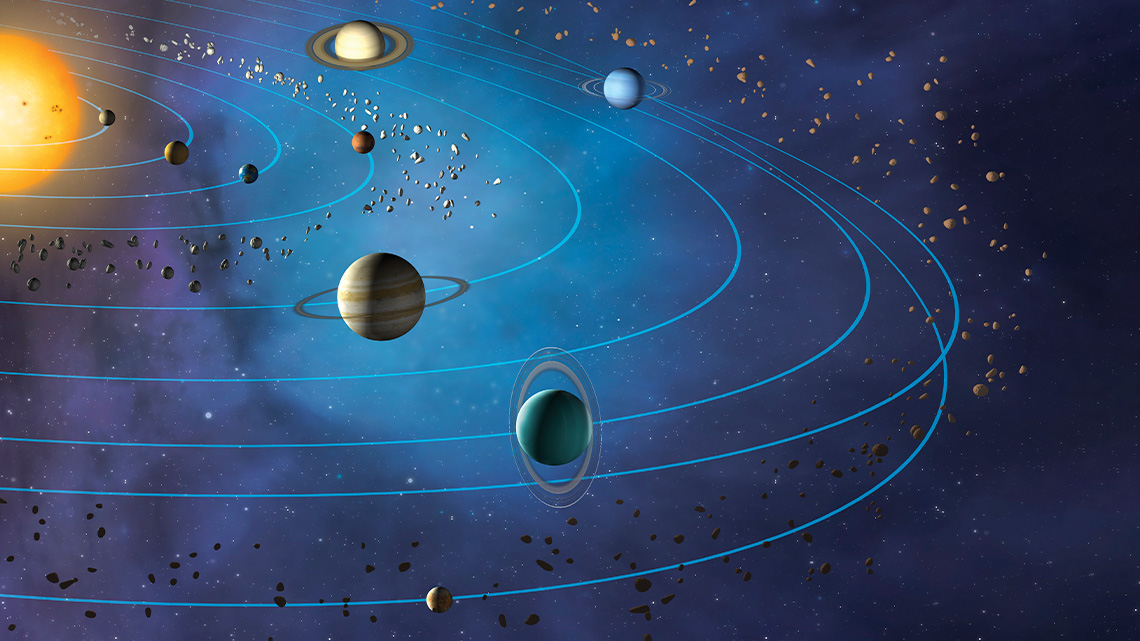 The planets orbiting the sun as they follow their trajectories.