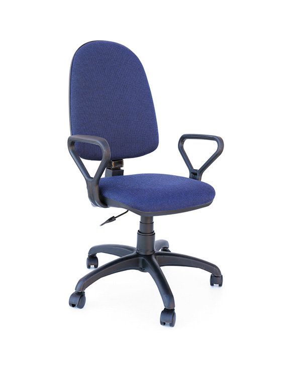 A cushioned office chair with arm rests and a cushioned seat and back. The seat, back support, and arm rests are straight.