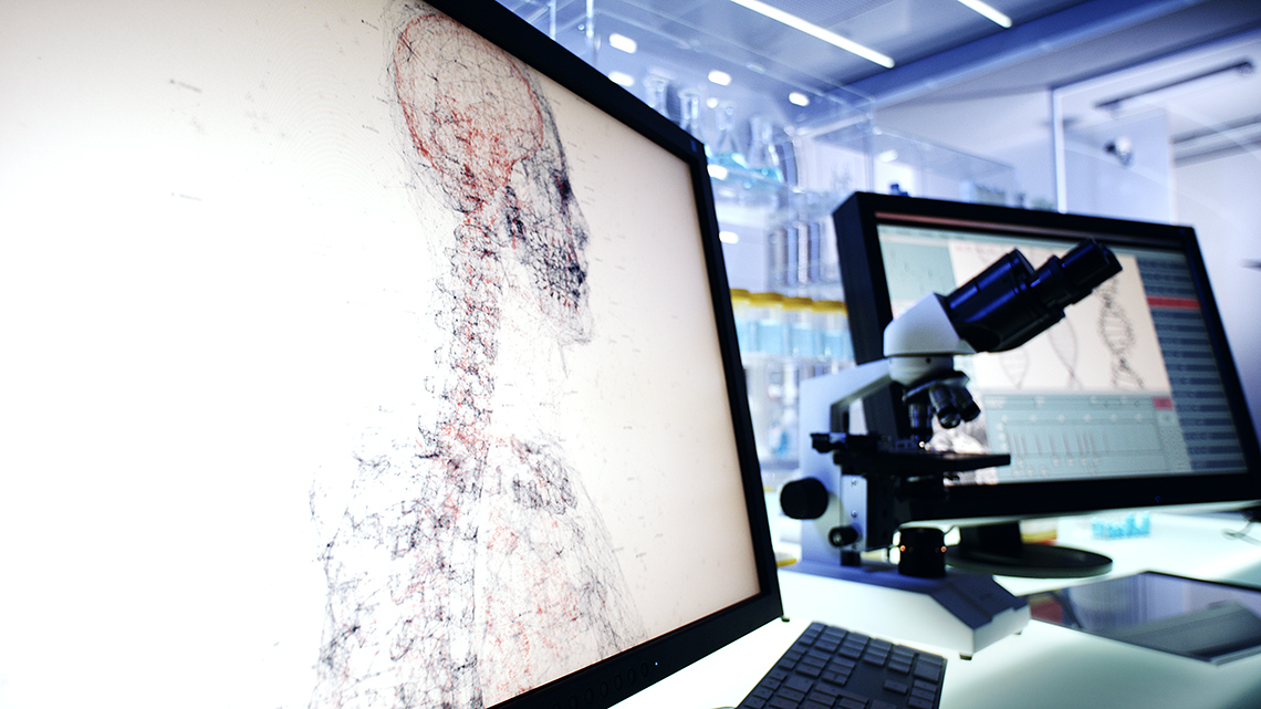 A computer screen with the outline of a human skeleton.