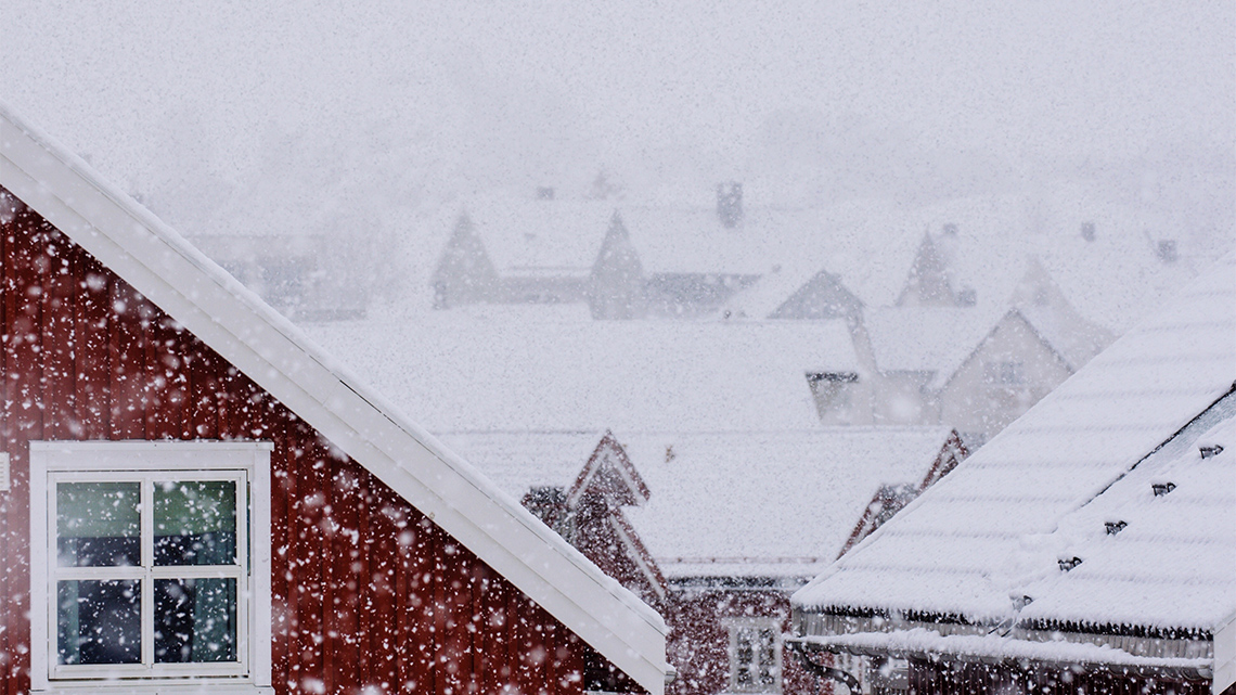 Houses with rooves covered in snow during a snowstorm.