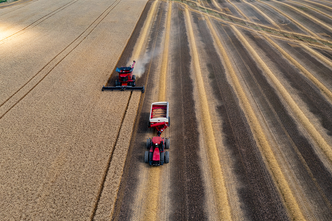 Two tractors harvesting wheat on a farm.