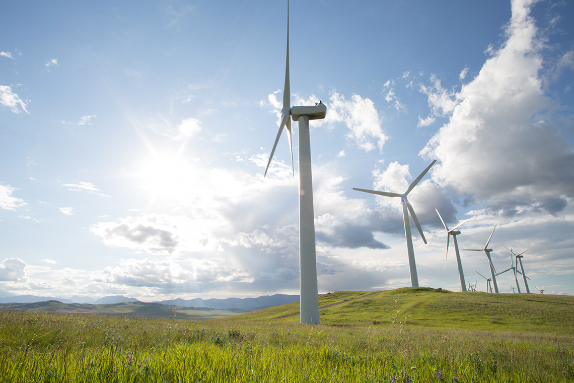 Several wind turbines spread out along rolling hills of grass.
