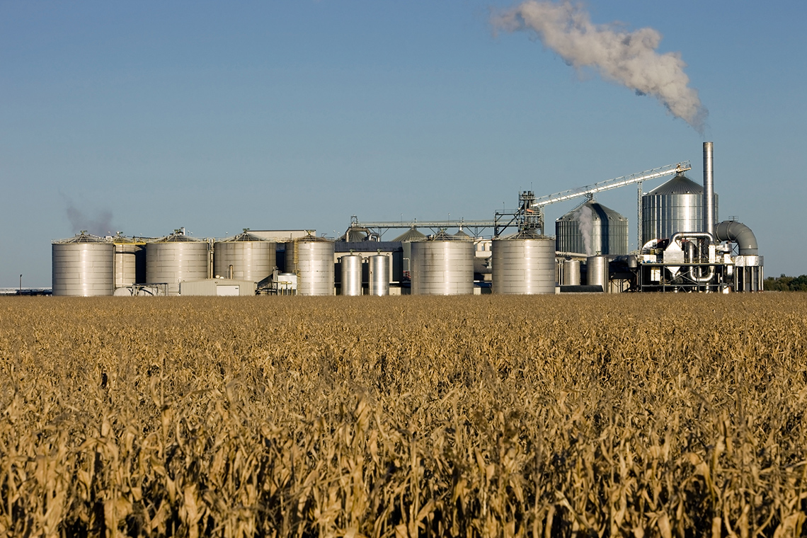 A biomass power plant in a corn field with several silos and exhaust coming out of a chimney.