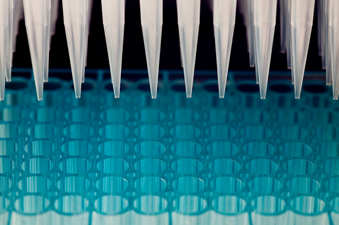 Multiple pipets above empty circular containers.
