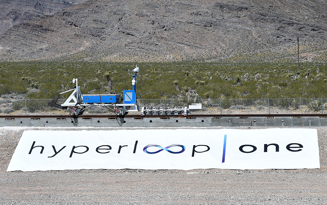 Vehicle moving a test sled down the track using a hyperloop system.