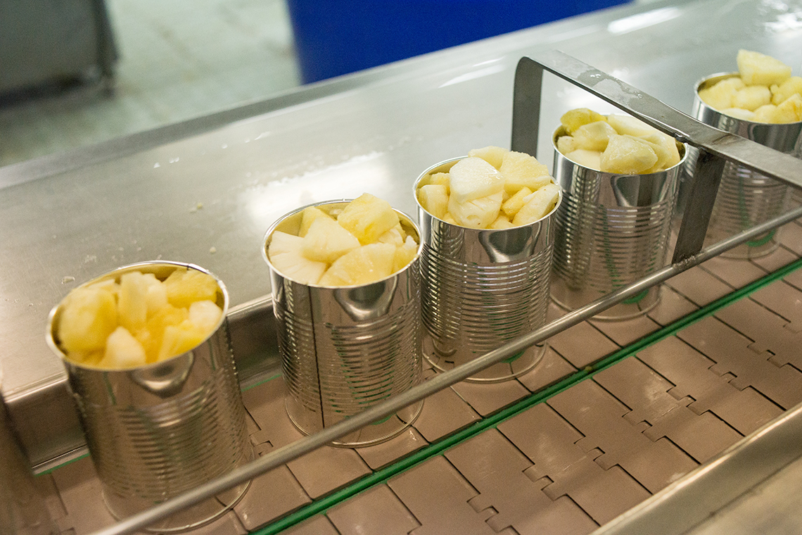Tin cans of pineapples lined up.