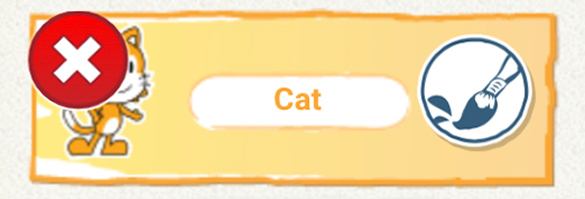 A cat covered by a circle with an 'X' in it on the left, the label 'cat' in the centre, and a paint brush on the right.