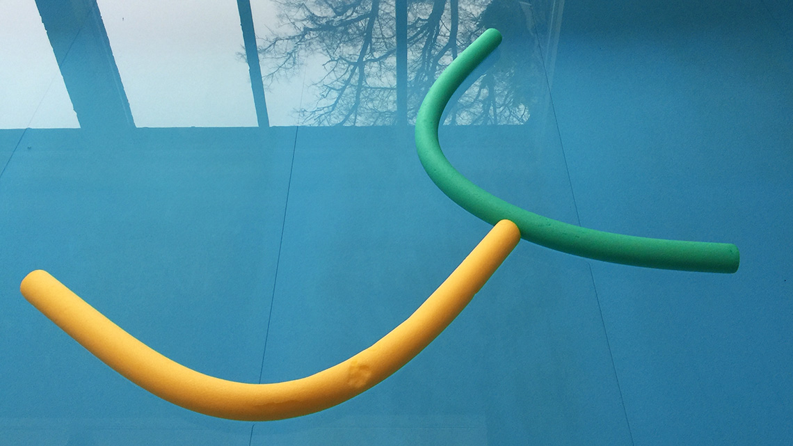 Two pool noodles floating in a pool.