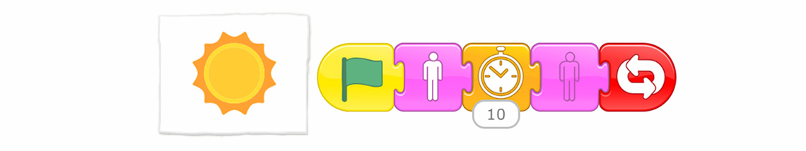 The sun sprite and the following blocks: Green Flag, Show, Wait for 10 seconds, Hide, and Repeat Forever.