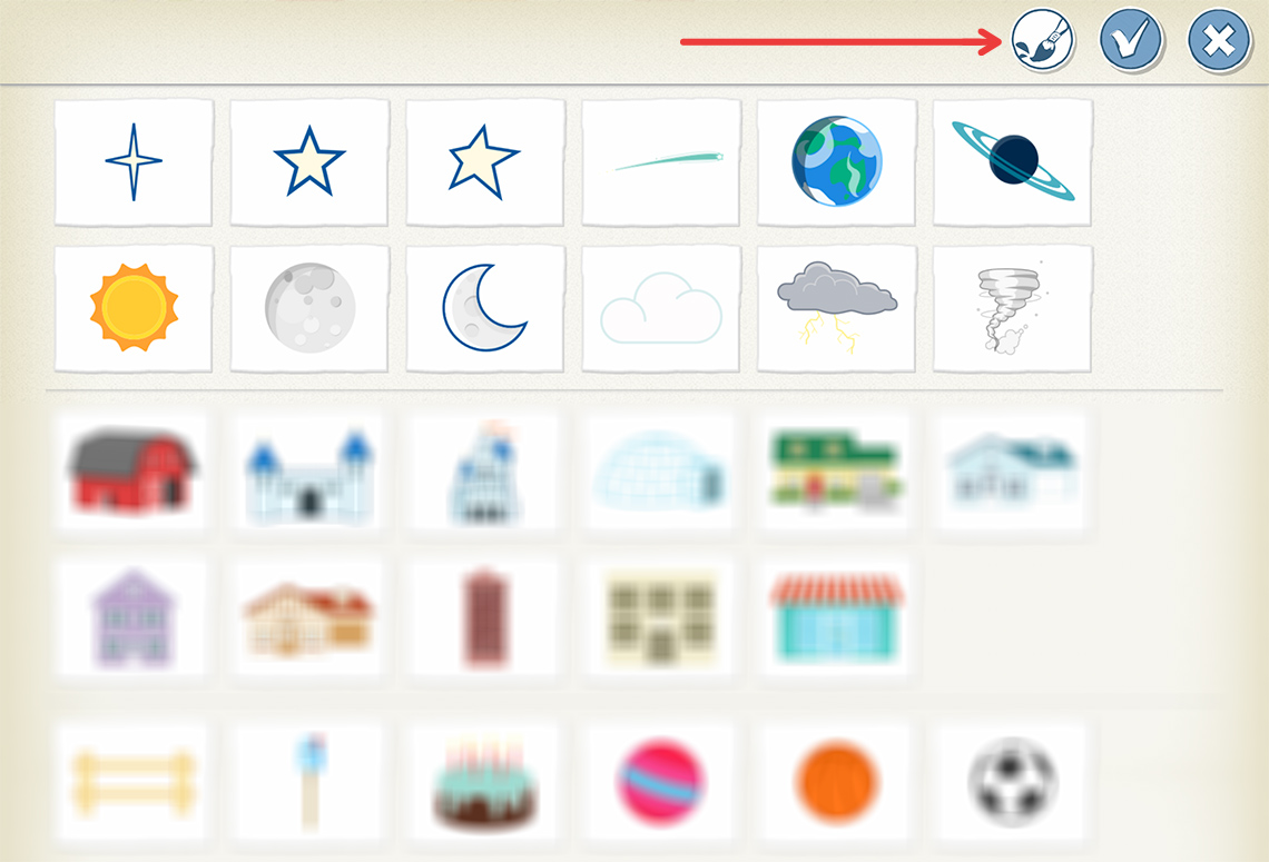 The Scratch sprite selection screen with a red arrow pointing to the icon of the paintbrush tool on the top right.