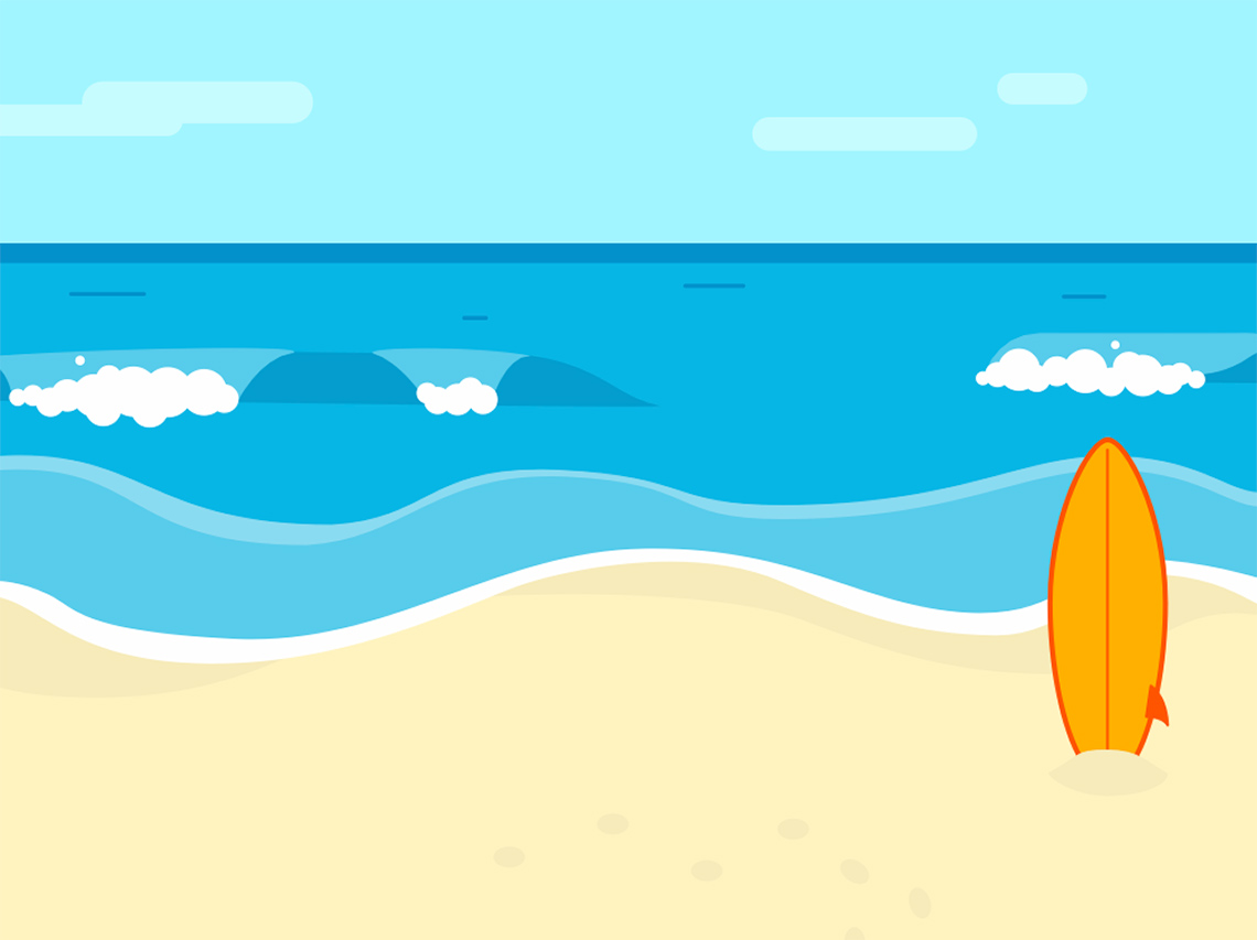The Beach Day background in Scratch showing the sky, ocean, sand, and a surfboard.