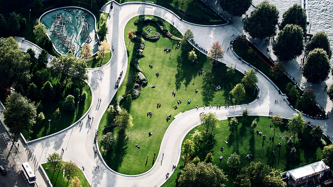 Aerial view of an urban park with a footpath and small field surrounded by trees.