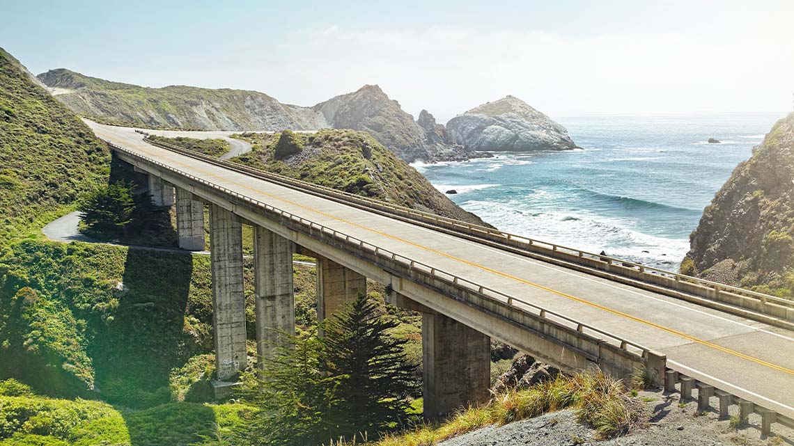 A concrete bridge over a valley next to an ocean.