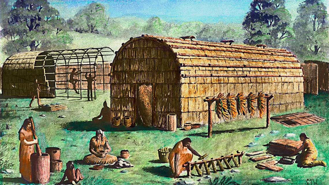A drawing of a long wooden structure with a tall arch-shaped frame covered in bark shingles.