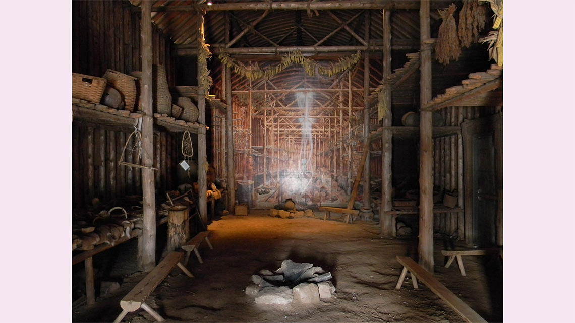 A long room with eating, sleeping, and storage areas along the sides and a fire pit in the middle.