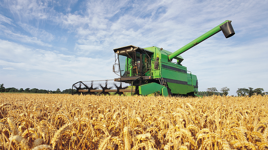 A combine harvesting wheat in an open field under blue and white skies on a sunny day.