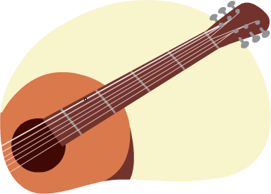A guitar’s strings are strummed and the vibrations from the movement of the strings are shown as sound waves on each side of the guitar.