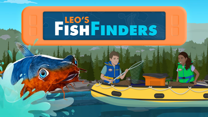 Icon of the game Leo’s Fish Finders, showing a large fish jumping out of a lake beside two people in an inflatable raft holding fish nets.