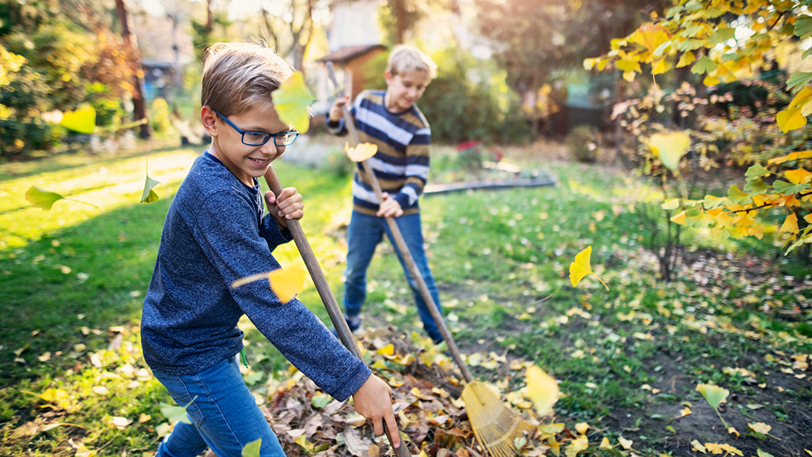 Children raking up leaves during an autumn day into a pile on the lawn.