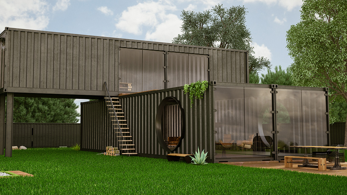 Two shipping containers transformed into a home with windows, sliding doors, and stairs.